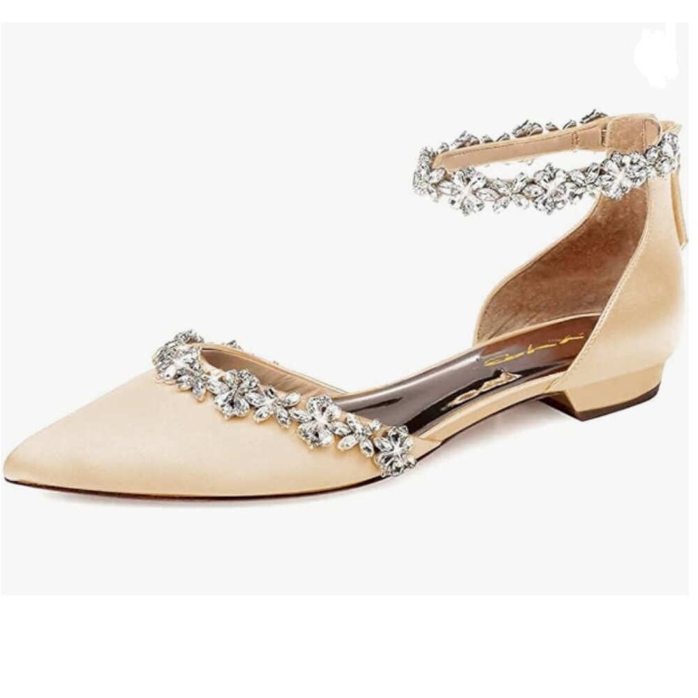 XYD Gold Pointed Toe D'Orsay Wedding Sandal Sparkly Rhinestones Ankle Strap Shoe